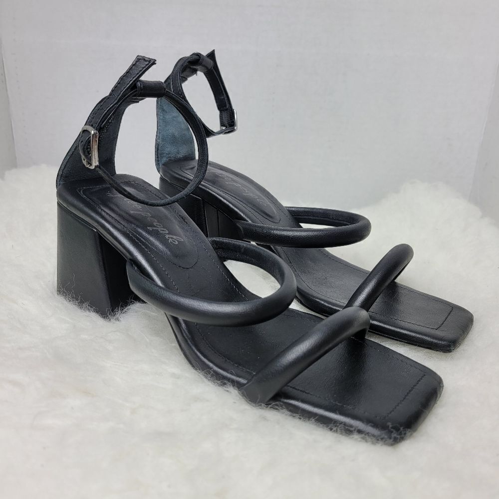 Free People Parker Pillow Heels  Ankle Strap Black Sandals Shoes Size 6